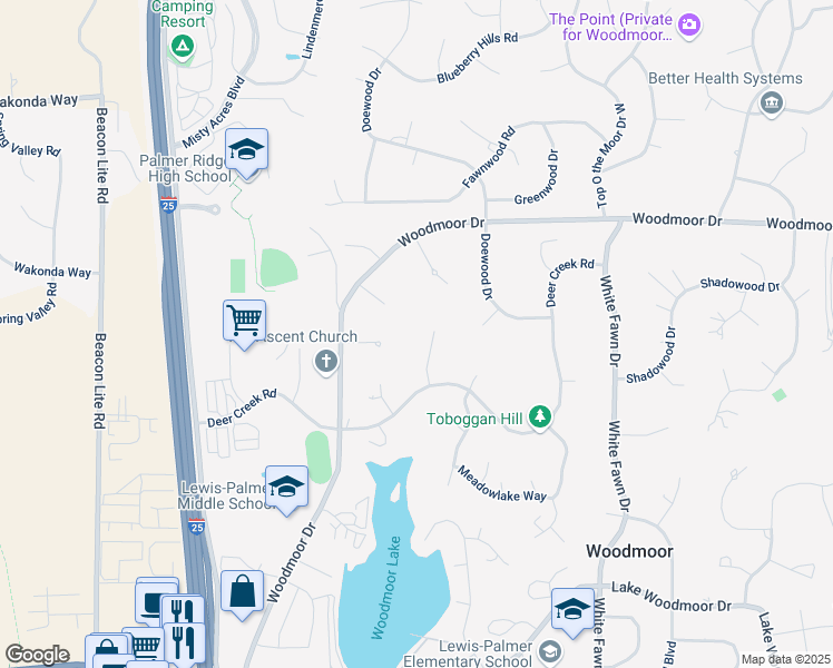 map of restaurants, bars, coffee shops, grocery stores, and more near 19010 Burnt Leaf Way in Monument