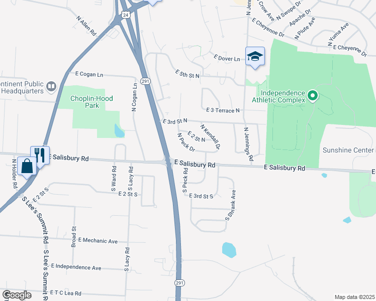 map of restaurants, bars, coffee shops, grocery stores, and more near 116 North Peck Drive in Independence