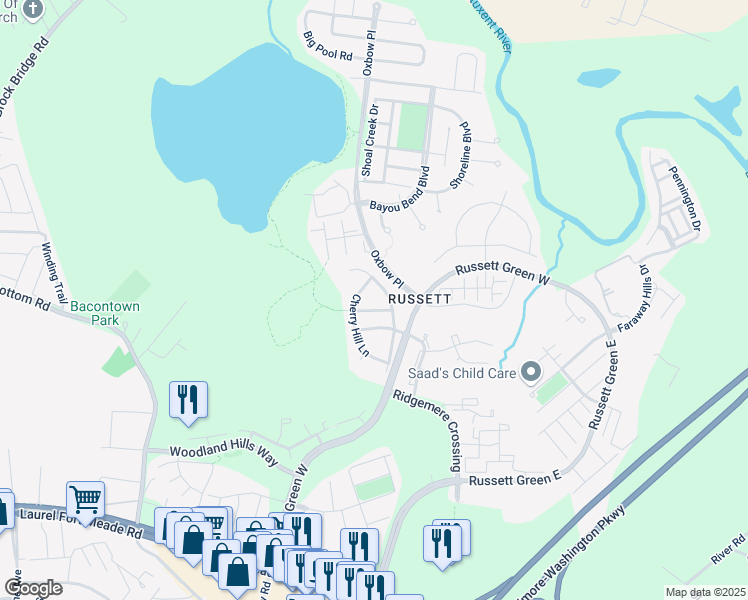 map of restaurants, bars, coffee shops, grocery stores, and more near 3506 Cherry Blossom Crossing in Laurel