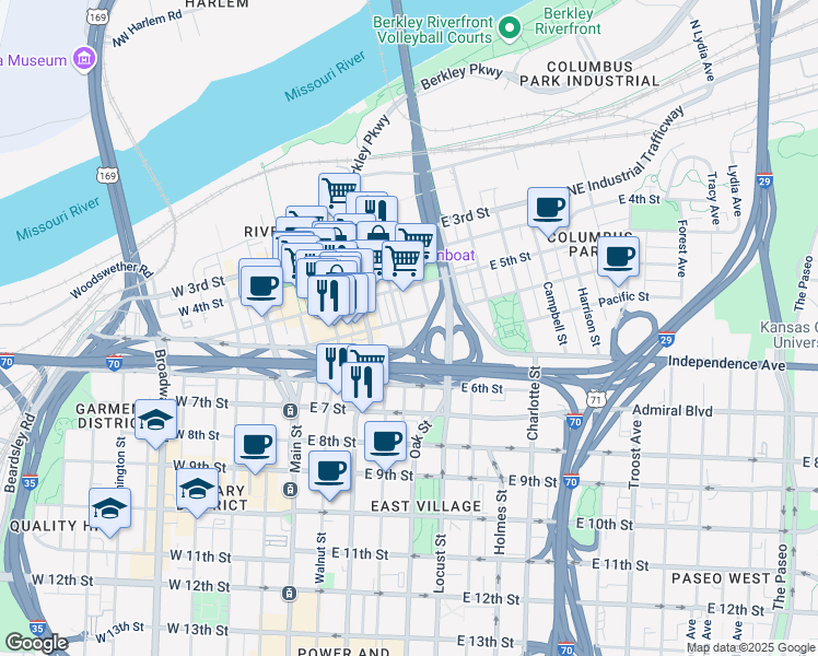 map of restaurants, bars, coffee shops, grocery stores, and more near 401 East Missouri Avenue in Kansas City