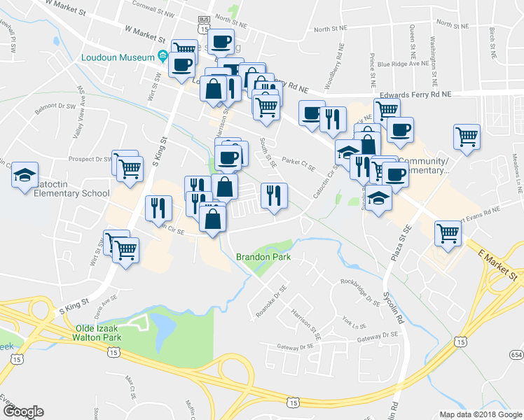 map of restaurants, bars, coffee shops, grocery stores, and more near 265 High Rail Terrace Southeast in Leesburg