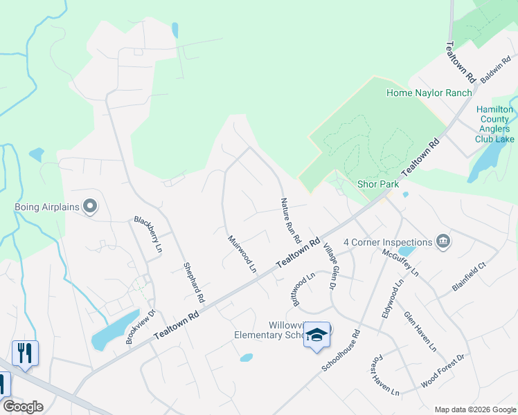 map of restaurants, bars, coffee shops, grocery stores, and more near 1176 Creekridge Court in Batavia