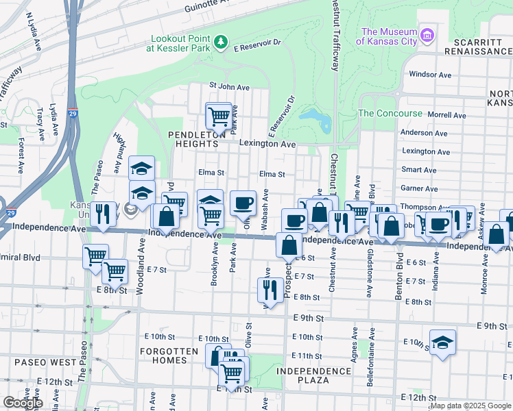 map of restaurants, bars, coffee shops, grocery stores, and more near 514 Wabash Avenue in Kansas City
