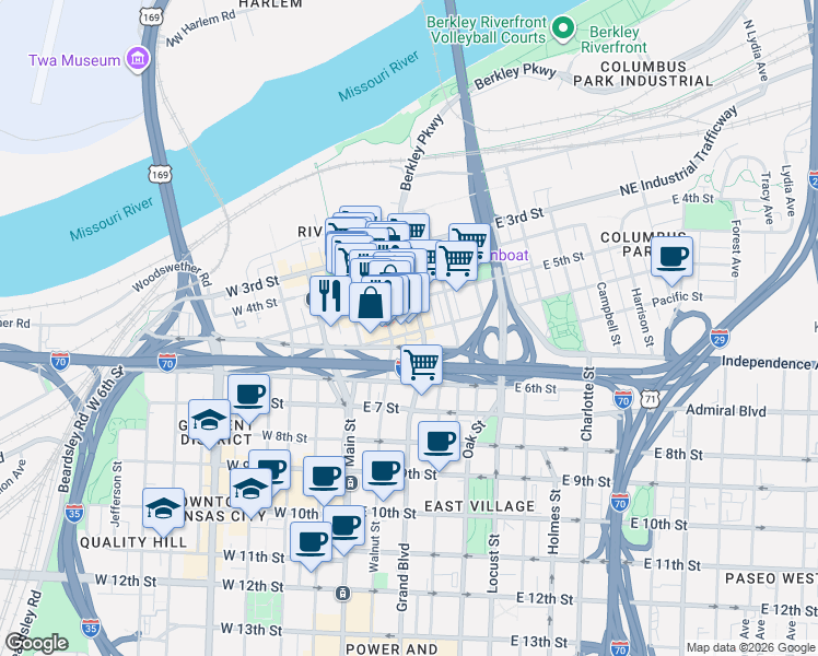 map of restaurants, bars, coffee shops, grocery stores, and more near 112 East Missouri Avenue in Kansas City