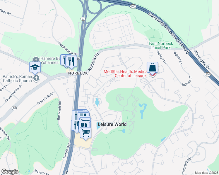 map of restaurants, bars, coffee shops, grocery stores, and more near 3310 North Leisure World Boulevard in Silver Spring