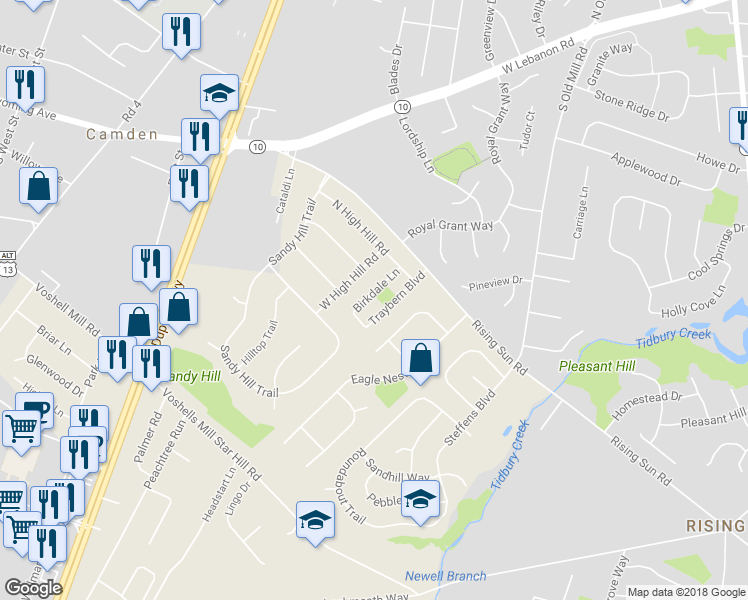 map of restaurants, bars, coffee shops, grocery stores, and more near 93 Birkdale Lane in Kent County