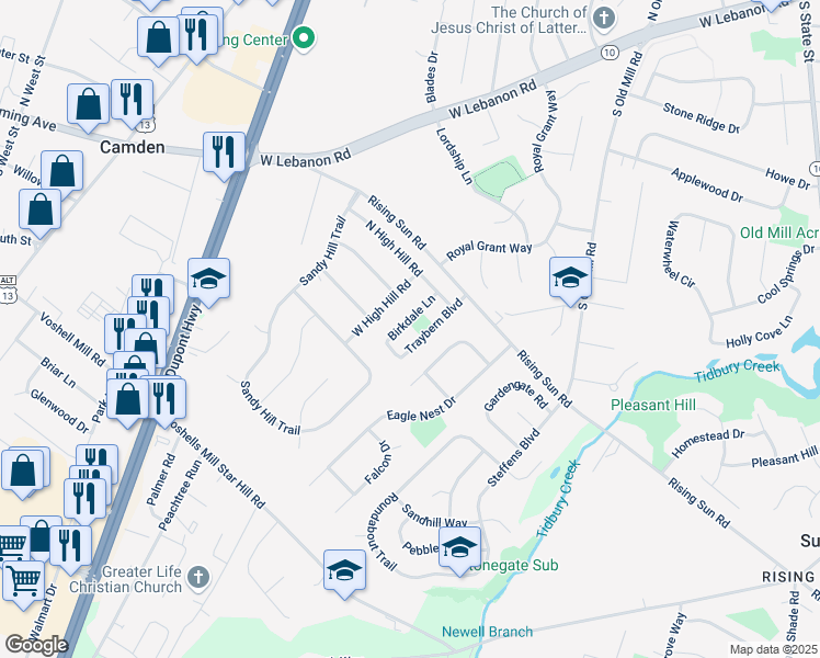 map of restaurants, bars, coffee shops, grocery stores, and more near 93 Birkdale Lane in Kent County