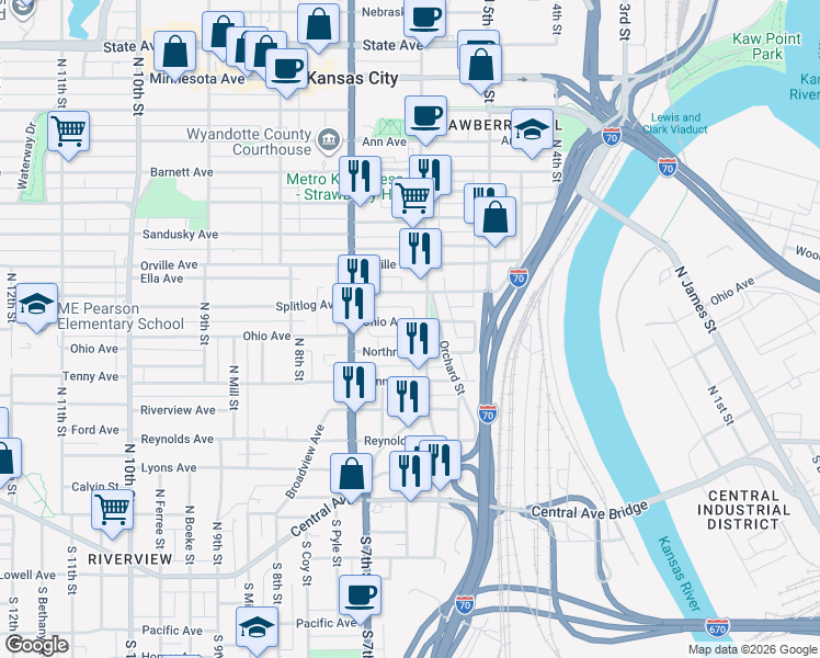 map of restaurants, bars, coffee shops, grocery stores, and more near 611 Ohio Avenue in Kansas City