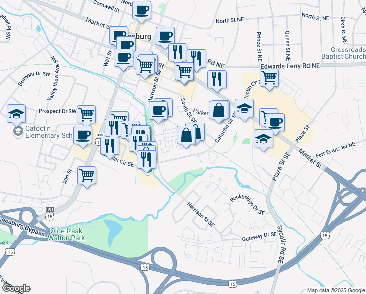 map of restaurants, bars, coffee shops, grocery stores, and more near 269 High Rail Terrace Southeast in Leesburg
