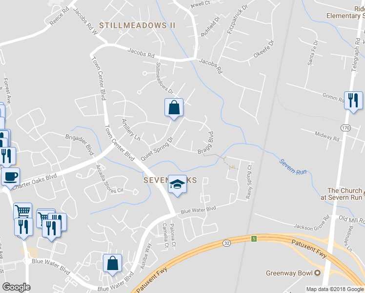 map of restaurants, bars, coffee shops, grocery stores, and more near 157 Bragg Boulevard in Odenton