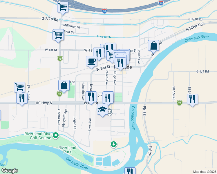map of restaurants, bars, coffee shops, grocery stores, and more near 222 West 6th Street in Palisade