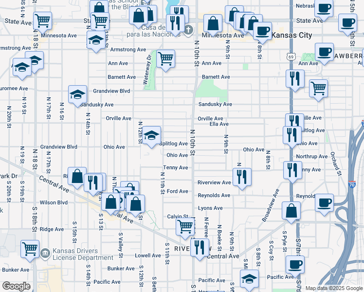 map of restaurants, bars, coffee shops, grocery stores, and more near 1017 Splitlog Avenue in Kansas City