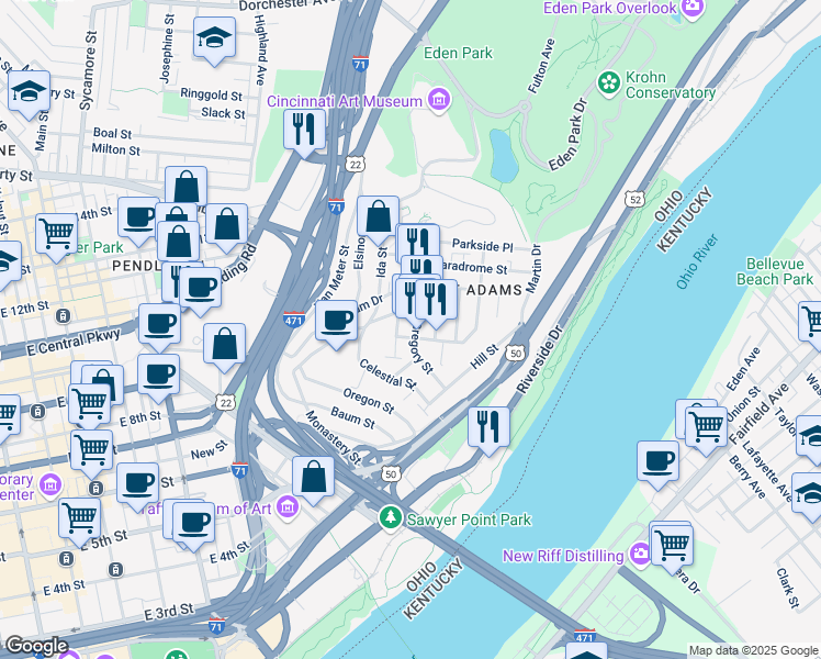 map of restaurants, bars, coffee shops, grocery stores, and more near 1101 Saint Gregory Street in Cincinnati
