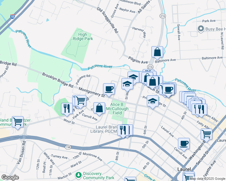 map of restaurants, bars, coffee shops, grocery stores, and more near 217 9th Street in Laurel