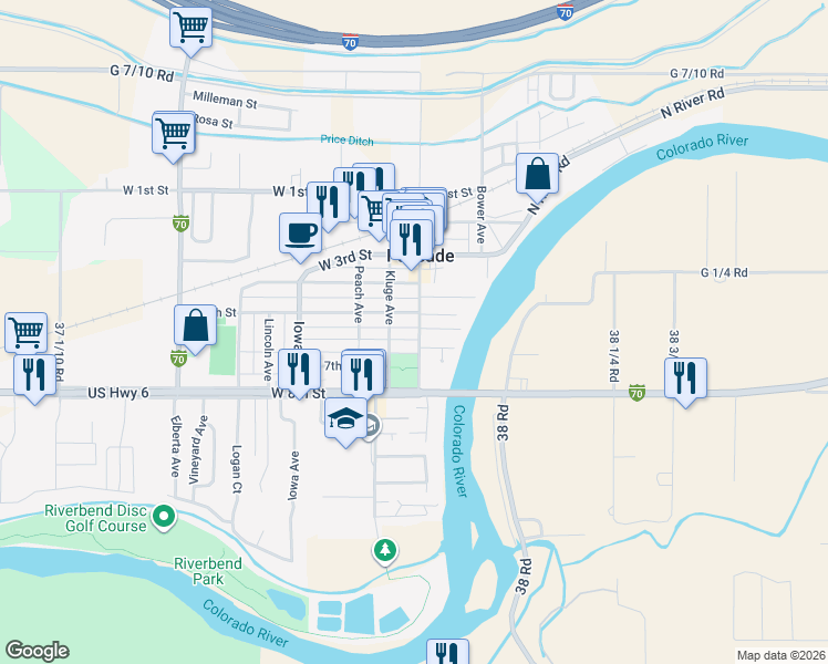 map of restaurants, bars, coffee shops, grocery stores, and more near 508 Main Street in Palisade