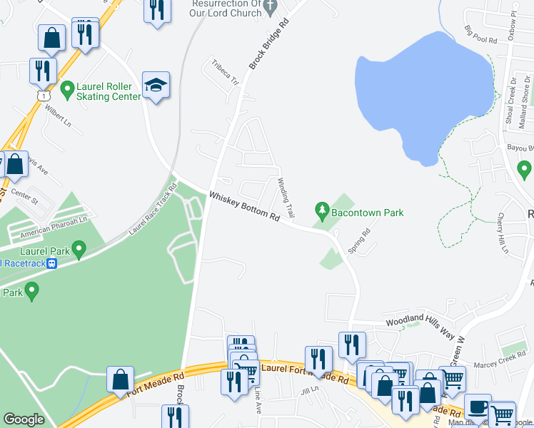map of restaurants, bars, coffee shops, grocery stores, and more near 3500 Fisher Hill Road in Laurel