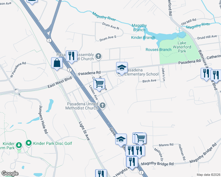 map of restaurants, bars, coffee shops, grocery stores, and more near 114 Spruce Avenue in Pasadena
