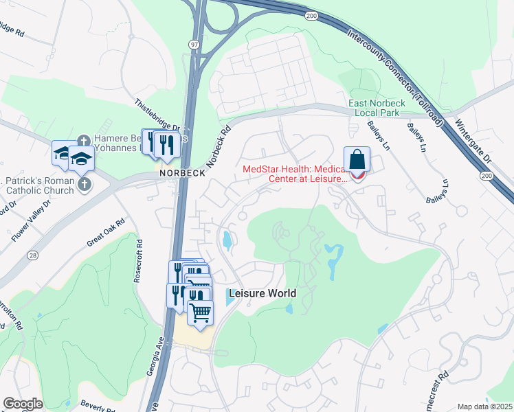 map of restaurants, bars, coffee shops, grocery stores, and more near 3310 North Leisure World Boulevard in Silver Spring