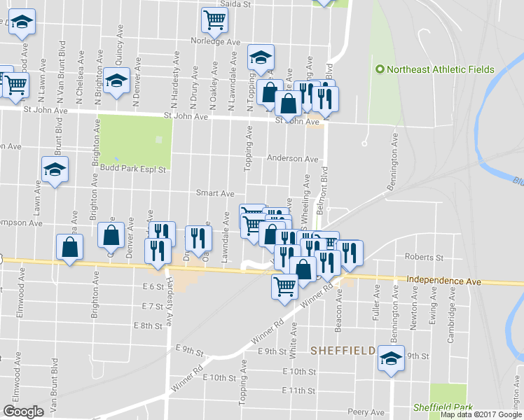 map of restaurants, bars, coffee shops, grocery stores, and more near 430 Bellaire Avenue in Kansas City