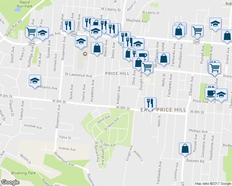 map of restaurants, bars, coffee shops, grocery stores, and more near 901 Kirbert Avenue in Cincinnati
