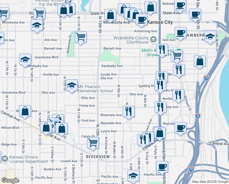 map of restaurants, bars, coffee shops, grocery stores, and more near 918 Ohio Avenue in Kansas City