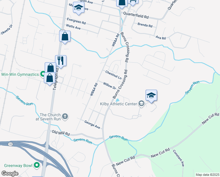 map of restaurants, bars, coffee shops, grocery stores, and more near 1607 Willow Drive in Severn