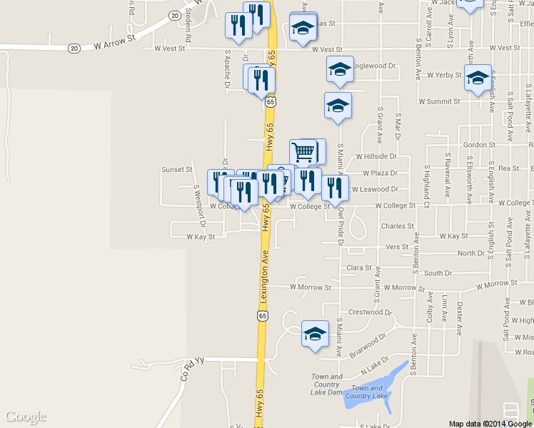 map of restaurants, bars, coffee shops, grocery stores, and more near Lexington Avenue in Marshall