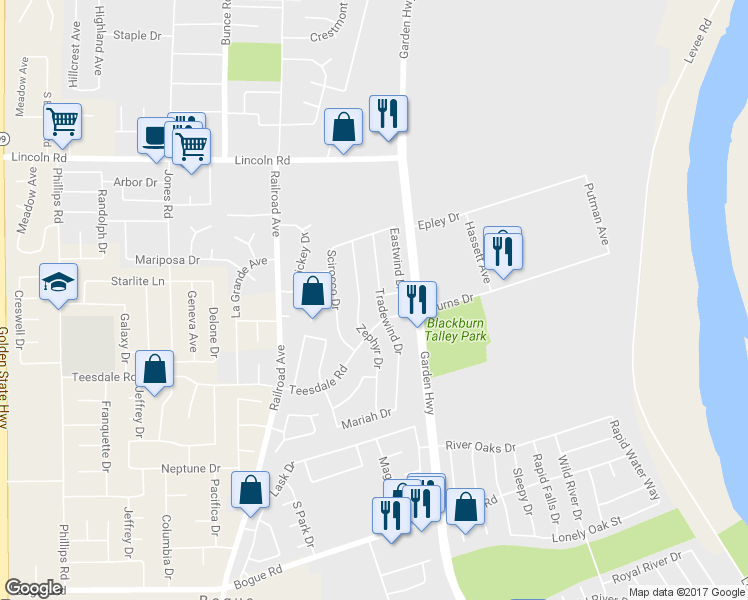 map of restaurants, bars, coffee shops, grocery stores, and more near 1381 Tradewind Drive in Yuba City