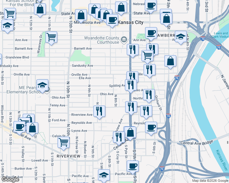 map of restaurants, bars, coffee shops, grocery stores, and more near 746 Ohio Avenue in Kansas City