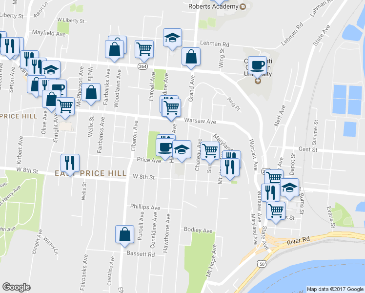 map of restaurants, bars, coffee shops, grocery stores, and more near 929 Grand Avenue in Cincinnati