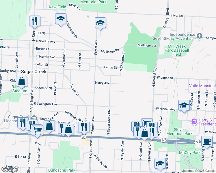 map of restaurants, bars, coffee shops, grocery stores, and more near 206 South Sugar Creek Boulevard in Sugar Creek