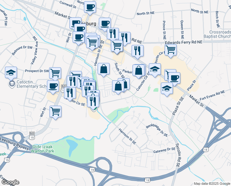 map of restaurants, bars, coffee shops, grocery stores, and more near 265 High Rail Terrace Southeast in Leesburg