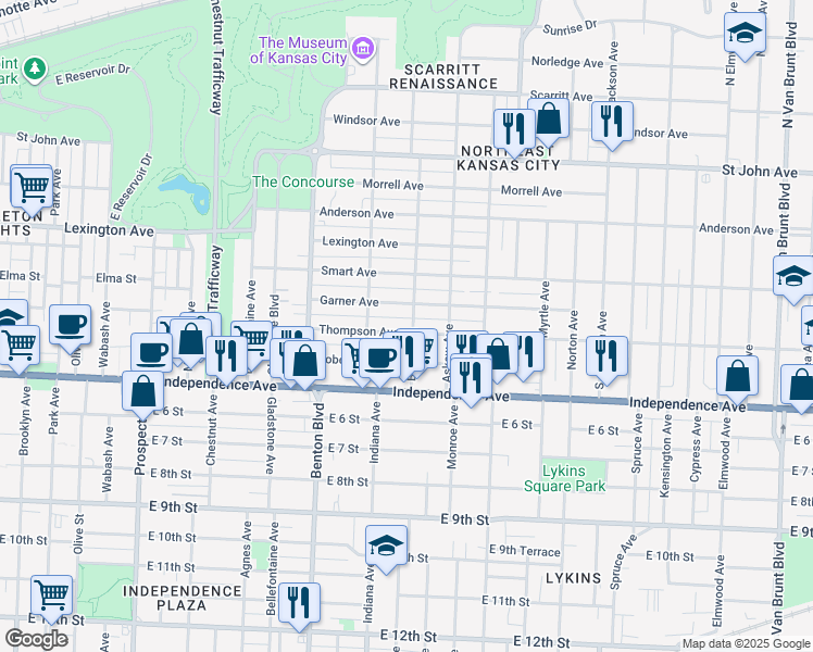 map of restaurants, bars, coffee shops, grocery stores, and more near 430 Bales Avenue in Kansas City