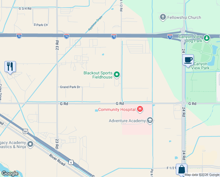 map of restaurants, bars, coffee shops, grocery stores, and more near 2360 G Road in Grand Junction