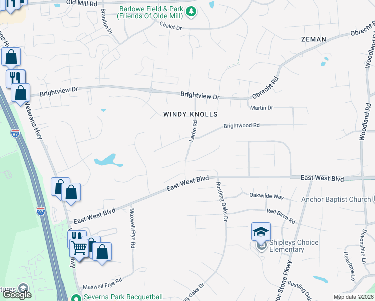 map of restaurants, bars, coffee shops, grocery stores, and more near 23 Larbo Road in Millersville