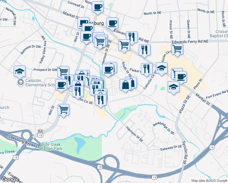 map of restaurants, bars, coffee shops, grocery stores, and more near 475 Kornblau Terrace Southeast in Leesburg