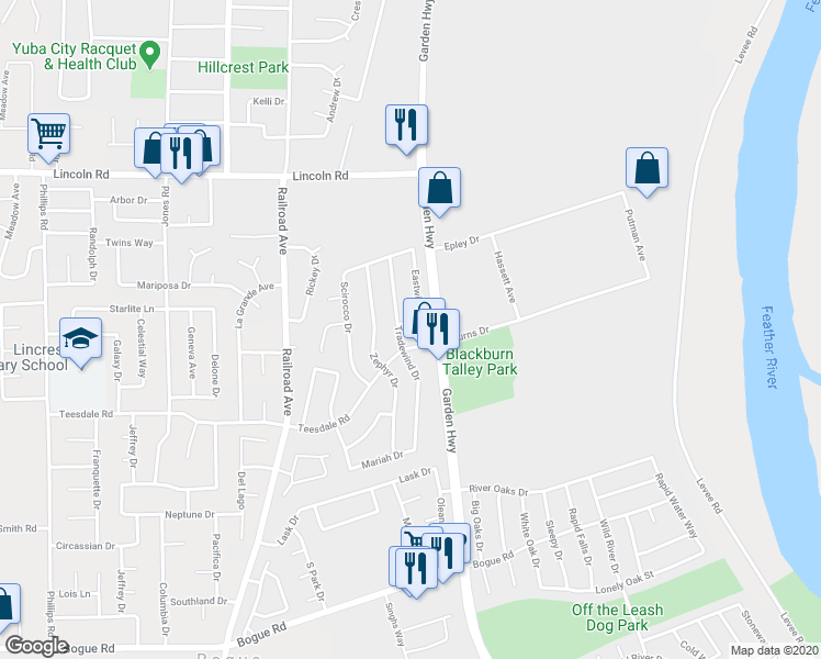 map of restaurants, bars, coffee shops, grocery stores, and more near 1392 Eastwind Drive in Yuba City