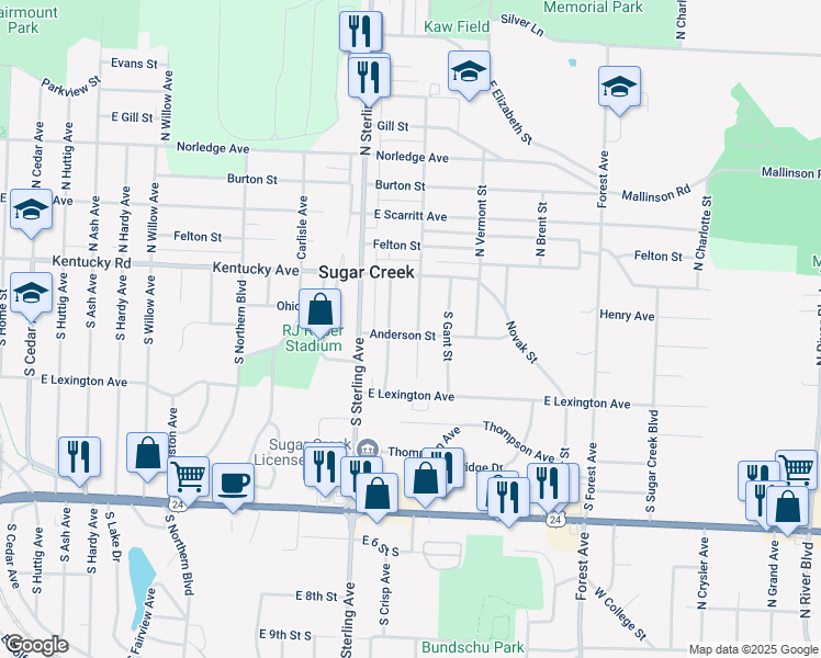 map of restaurants, bars, coffee shops, grocery stores, and more near 11306 Anderson Street in Sugar Creek