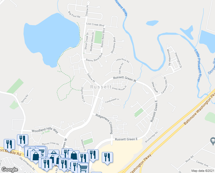 map of restaurants, bars, coffee shops, grocery stores, and more near 3561 Morning Star Place in Laurel