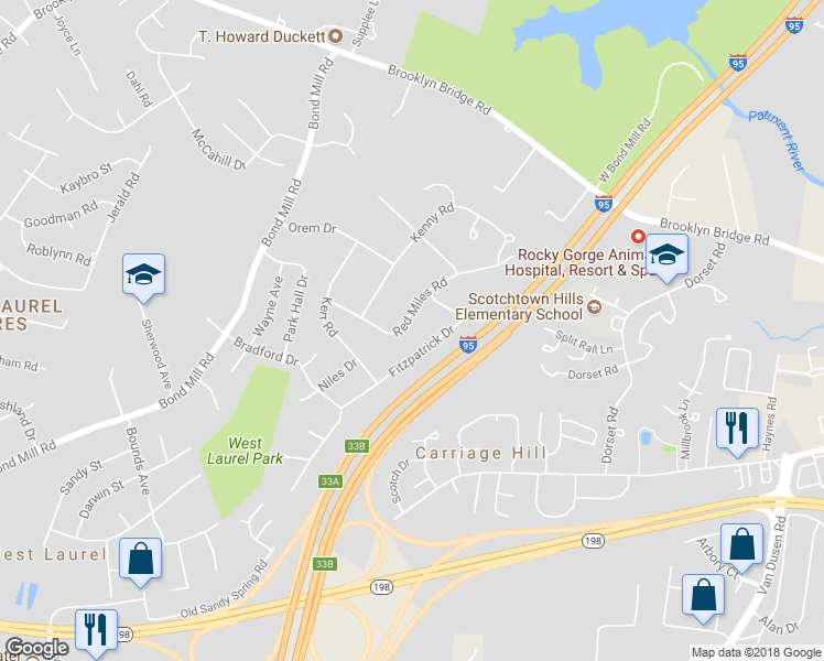 map of restaurants, bars, coffee shops, grocery stores, and more near 7005 Redmiles Rd in Laurel