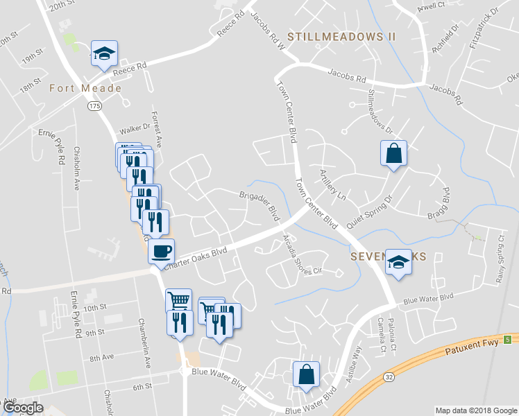 map of restaurants, bars, coffee shops, grocery stores, and more near 2015 Brigadier Boulevard in Odenton