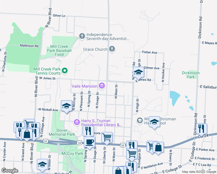 map of restaurants, bars, coffee shops, grocery stores, and more near 1513 North Liberty Street in Independence