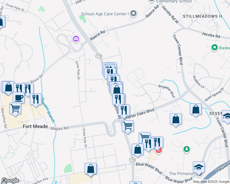 map of restaurants, bars, coffee shops, grocery stores, and more near 1670 Annapolis Road in Odenton