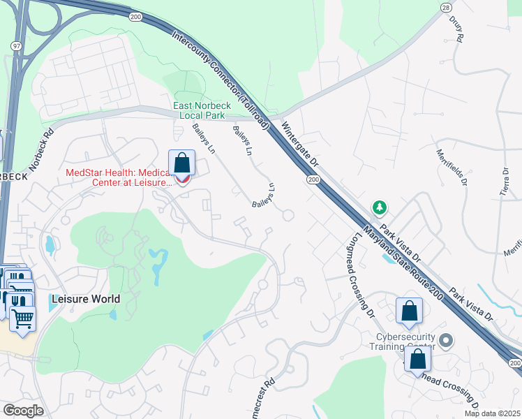 map of restaurants, bars, coffee shops, grocery stores, and more near 15352 Baileys Lane in Silver Spring