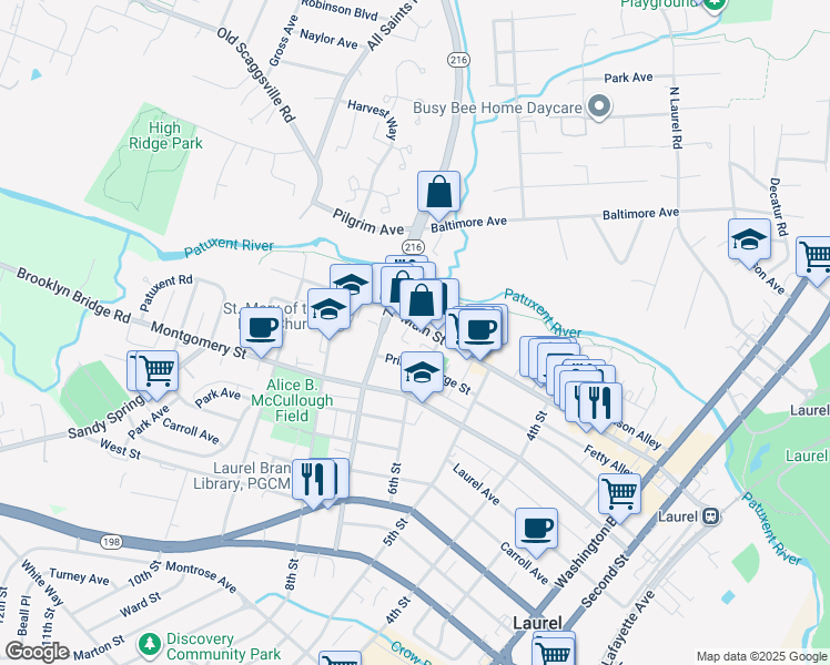 map of restaurants, bars, coffee shops, grocery stores, and more near Main Street in Maryland City
