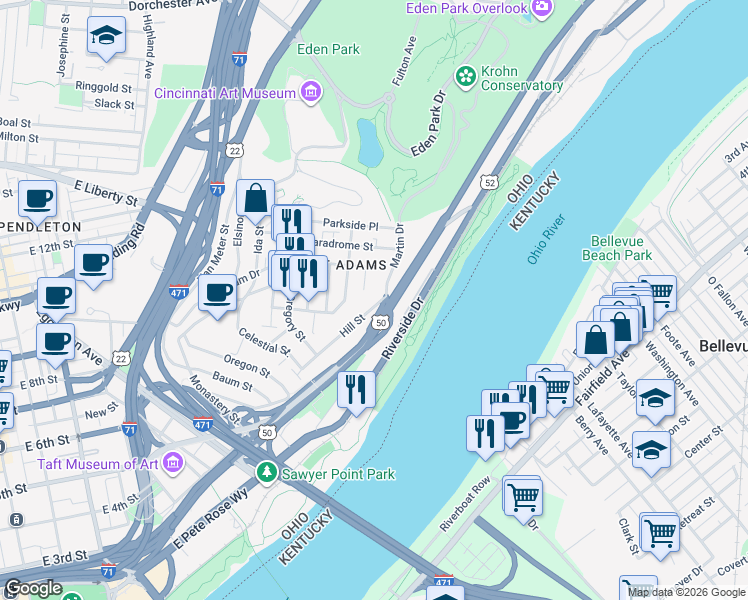 map of restaurants, bars, coffee shops, grocery stores, and more near 1206 Columbia Parkway in Cincinnati