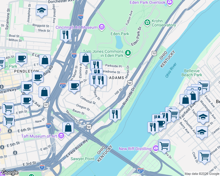 map of restaurants, bars, coffee shops, grocery stores, and more near 1112 Fort View Place in Cincinnati