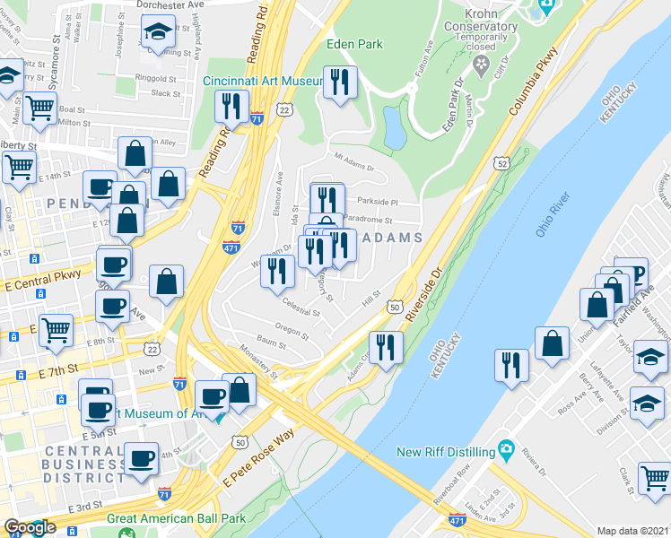 map of restaurants, bars, coffee shops, grocery stores, and more near 1110 Belvedere Street in Cincinnati