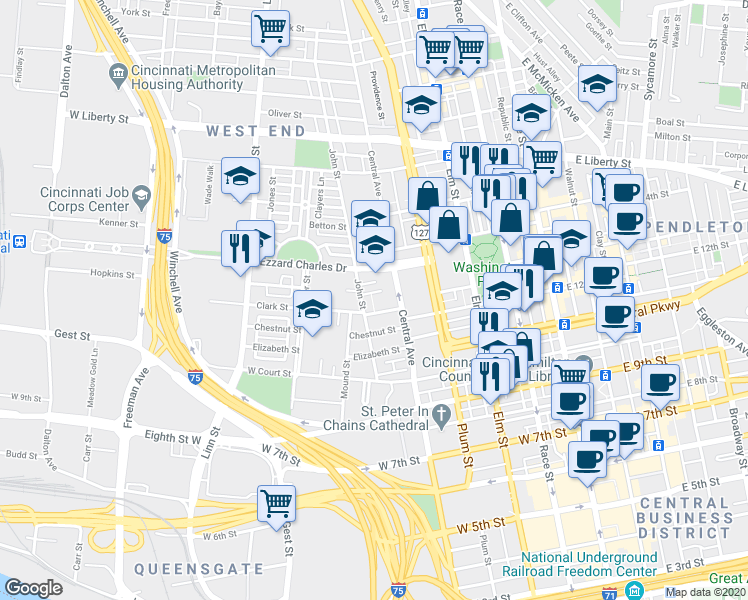 map of restaurants, bars, coffee shops, grocery stores, and more near 415 Hopkins Street in Cincinnati