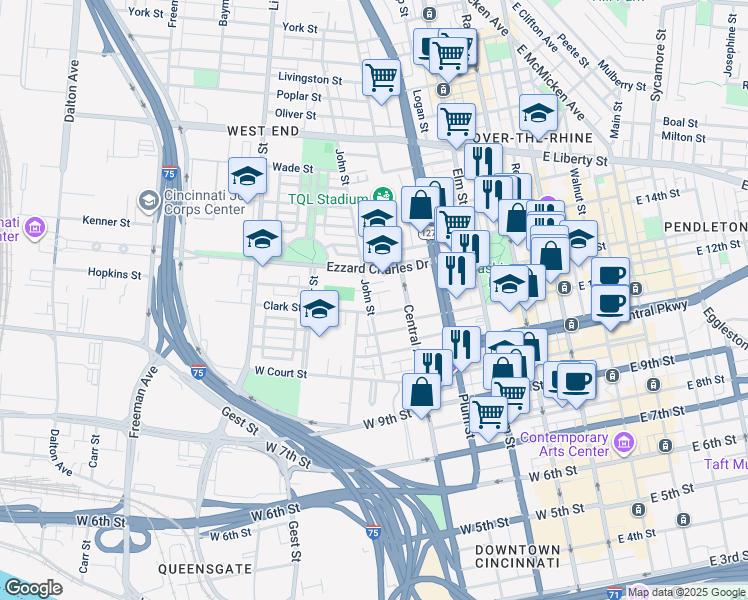map of restaurants, bars, coffee shops, grocery stores, and more near 415 Hopkins Street in Cincinnati